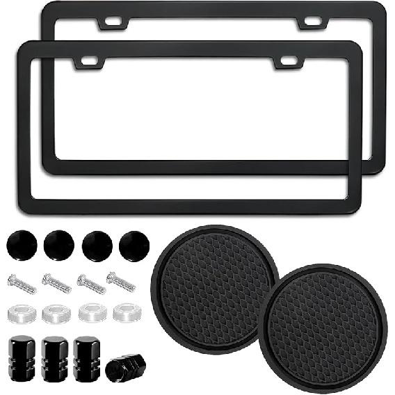 2 Pack License Plate Frame For Car Matte Metal Aluminum Rust-Proof License Plate Holder Cover Gloss Black Front Rear Number Tag Frame For Men Women