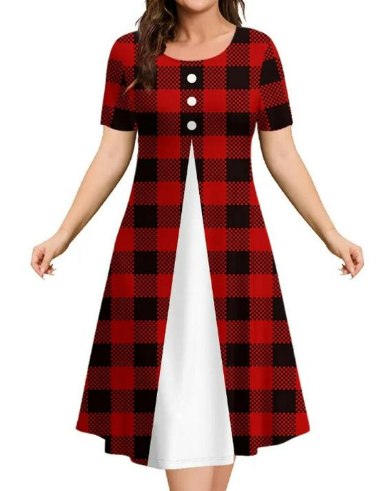 

Літня жіноча сукня А-силуету з коротким рукавом та пэчворк-принтом 2026 - Елегантна та легка XL