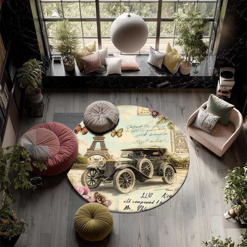 Vintage Eiffel Tower,Round Area Rug,Carpet Rug for Living Room Bedroom Sofa Playroom Decor,Non-slip Floor Mat