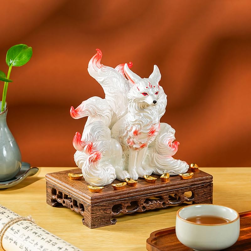 MAXYA Nine-Tailed Fox Figurine with Base, Entryway Ornament, Auspicious Charm, Tamamo-no-Mae, Feng Shui, Indoor Decor, Store Decor, Grand Opening Gift