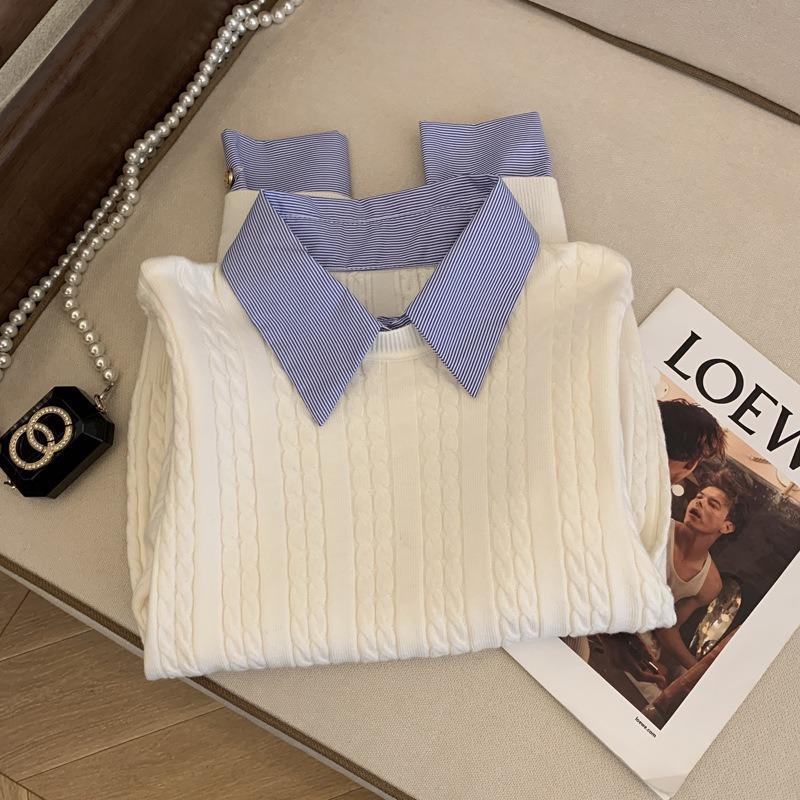 Polo knitted sweater women's spring bottoming shirt fake two-piece shirt stacked inside top tide