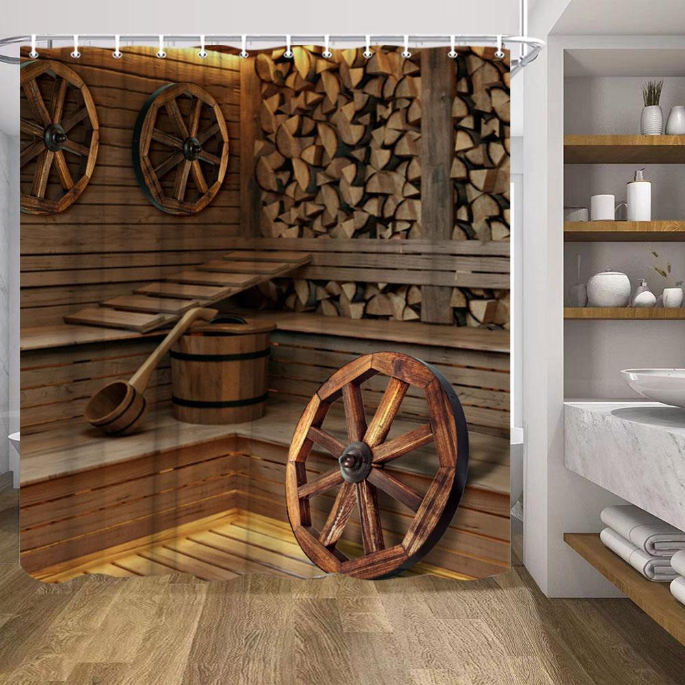 Retro Dřevěné Dveře Sprchový Závěs Sada Rustikální Starý Vintage Stodolové Dveře Látkové Koupelnové Závěsy Statek Koupelnová Dekorace Sprchové Zástěny Háček