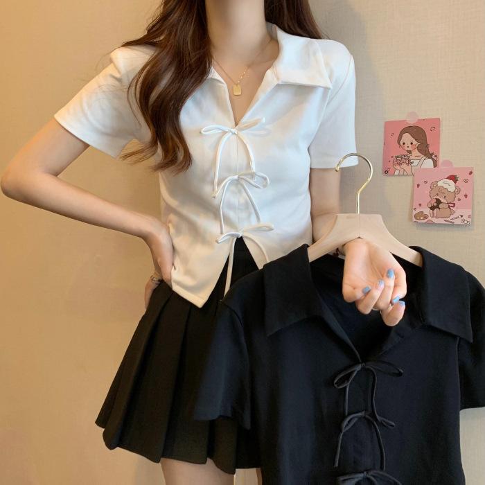 

Large size shoulder polo collar short-sleeved t-shirt women s summer fat mm thin loose irregular bow short top 2XL білий