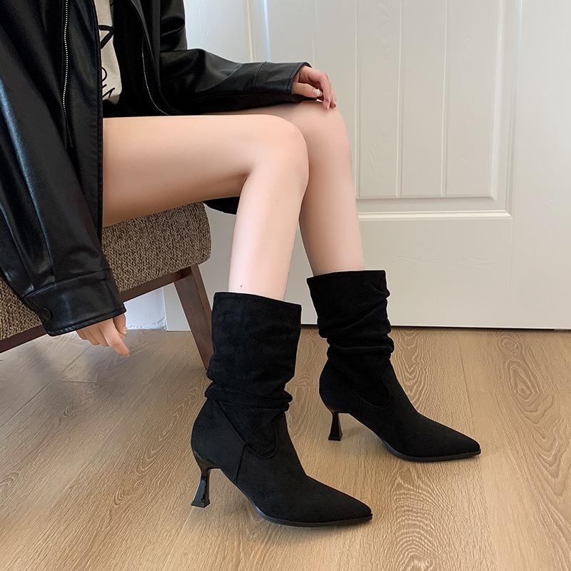 Thick Leg Boots Women's Large Tube Circumferential Suede Stacking Boots High Heel Martin Boots Stiletto Short Boots Large Size Women's Shoes