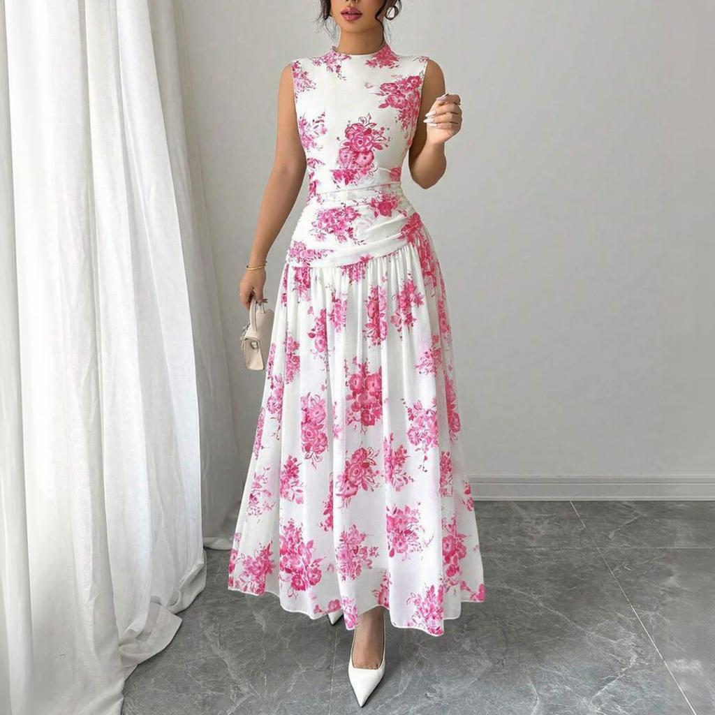 Ärmelloses Damen-Midikleid mit Blumendruck, Rundhalsausschnitt und gefalteter Taille, Elegantes lässiges Sommerkleid für den täglichen Gebrauch