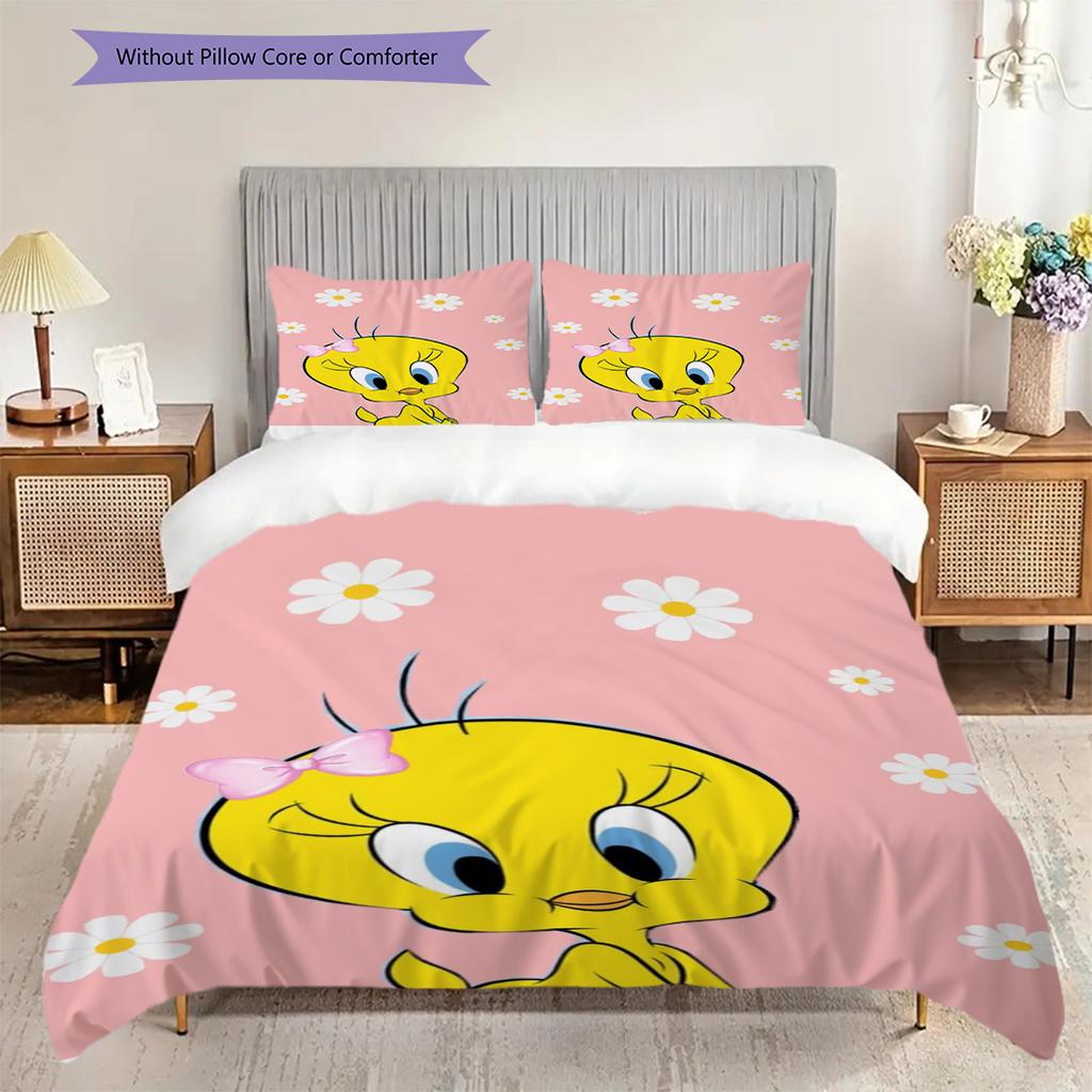 Tweety Bird Pink Bow Pink Background Threepiece Set 1 Duvet Cover 2 Pillowcase Without Core Bedding Set Duvet Cover And Pillowcase