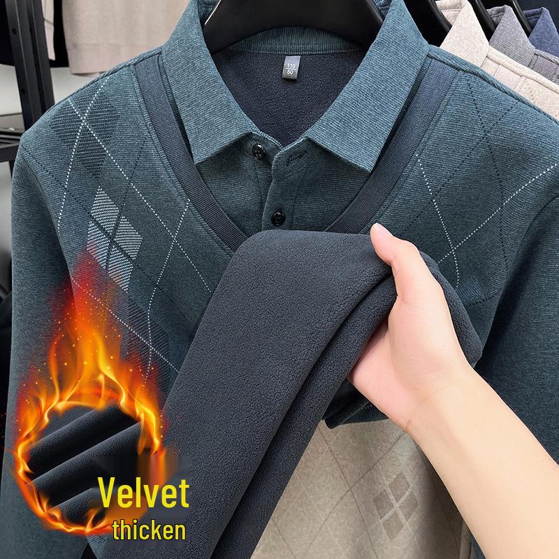 2025 Winter Men's Faux Two-Piece Sweater: New Thick Knit with Shirt Collar and Warm Velvet Layer