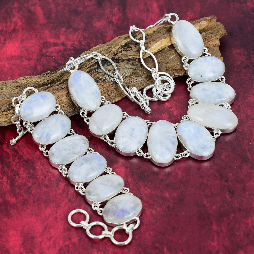 Erstaunlicher Regenbogenmondstein-Schmuck, 925 Sterlingsilber, Handgefertigtes Edelstein-Halsketten- und Armband-Schmuckset für Damen
