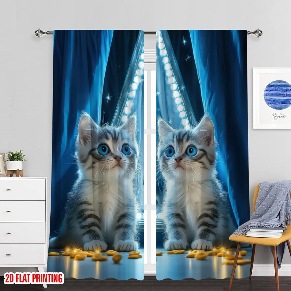 Flat Printing Scene Curtains Cute Cat Durable Polyester Without Electricity Spring Party Holiday Decor Applies Set Of 2 Made