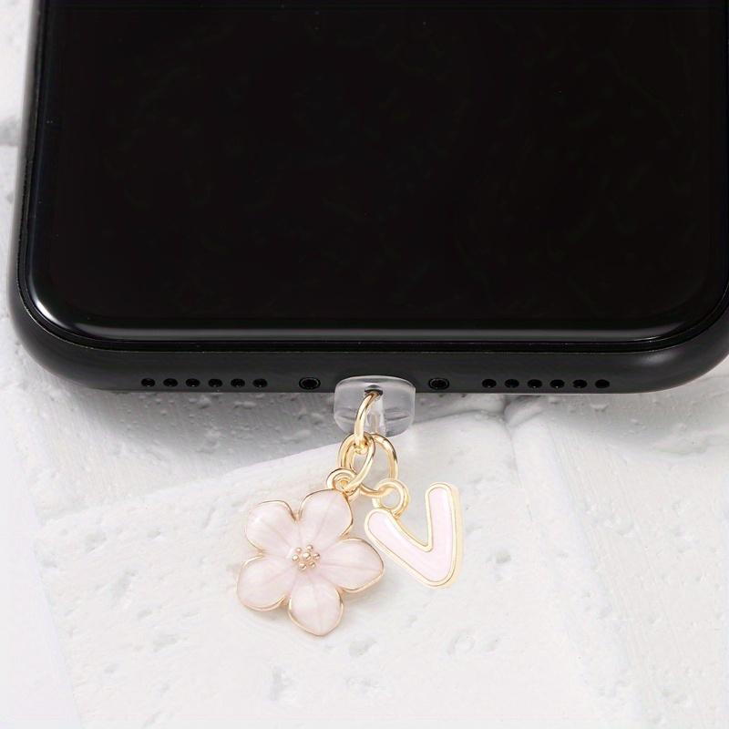 Fashionable Pink Flower Letter Phone Dust Plug, Exquisite A-Z Letter Alloy Pendant, Suitable As a Birthday Gift for Women