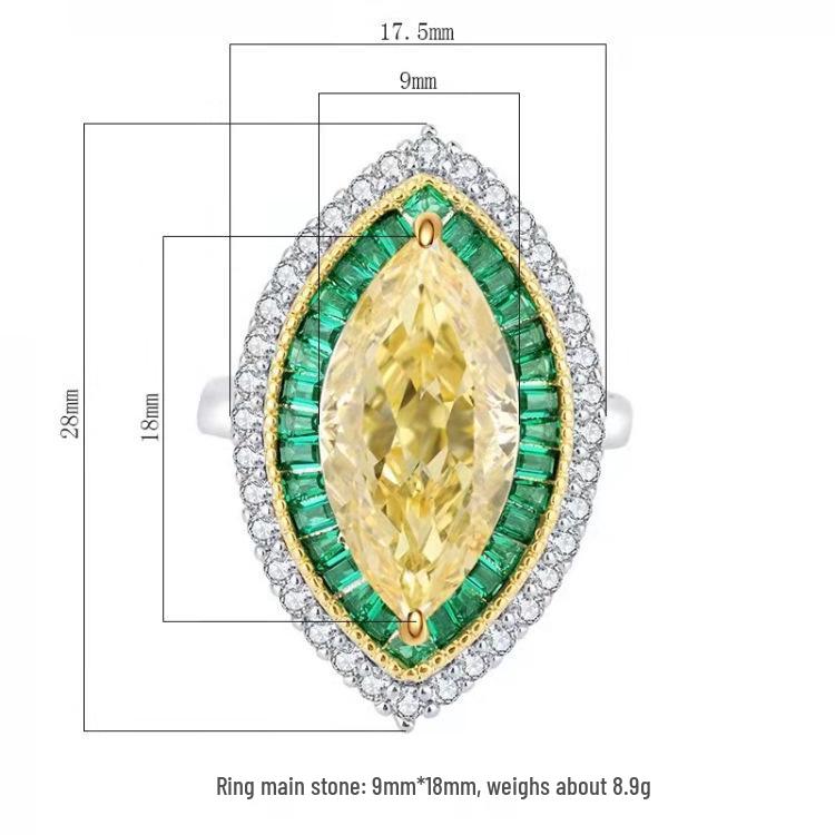Luoxi Temple 925 Sterling Silver Ring with 6x13 High Carbon Marquise-Cut Diamonds Comparable to Yellow Diamonds - New Arrival.