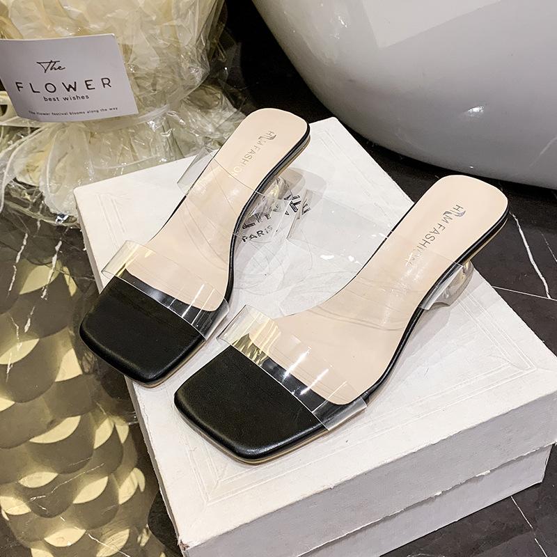 Fashion slippers women s new summer square head crystal thick heel transparent sexy high heels sandals 40 чёрный 3340₽