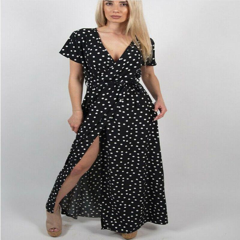 Stylish Womens Holiday Polka Dots Slit Maxi Dress Perfect For Summer Beach Outings