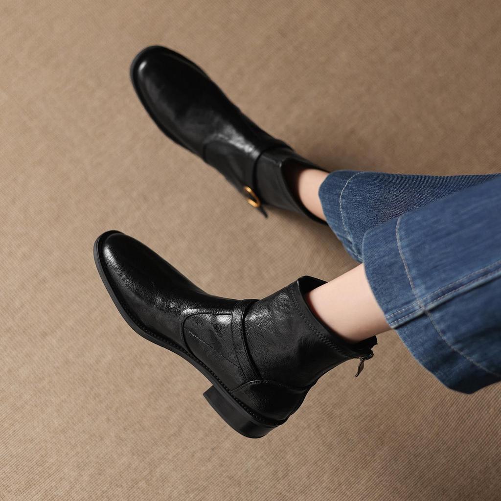 Krazing Pot Microfiber Winter Round Toe Western Boots Med Heels Zipper Women Metal Buckle British School Ankle Boots