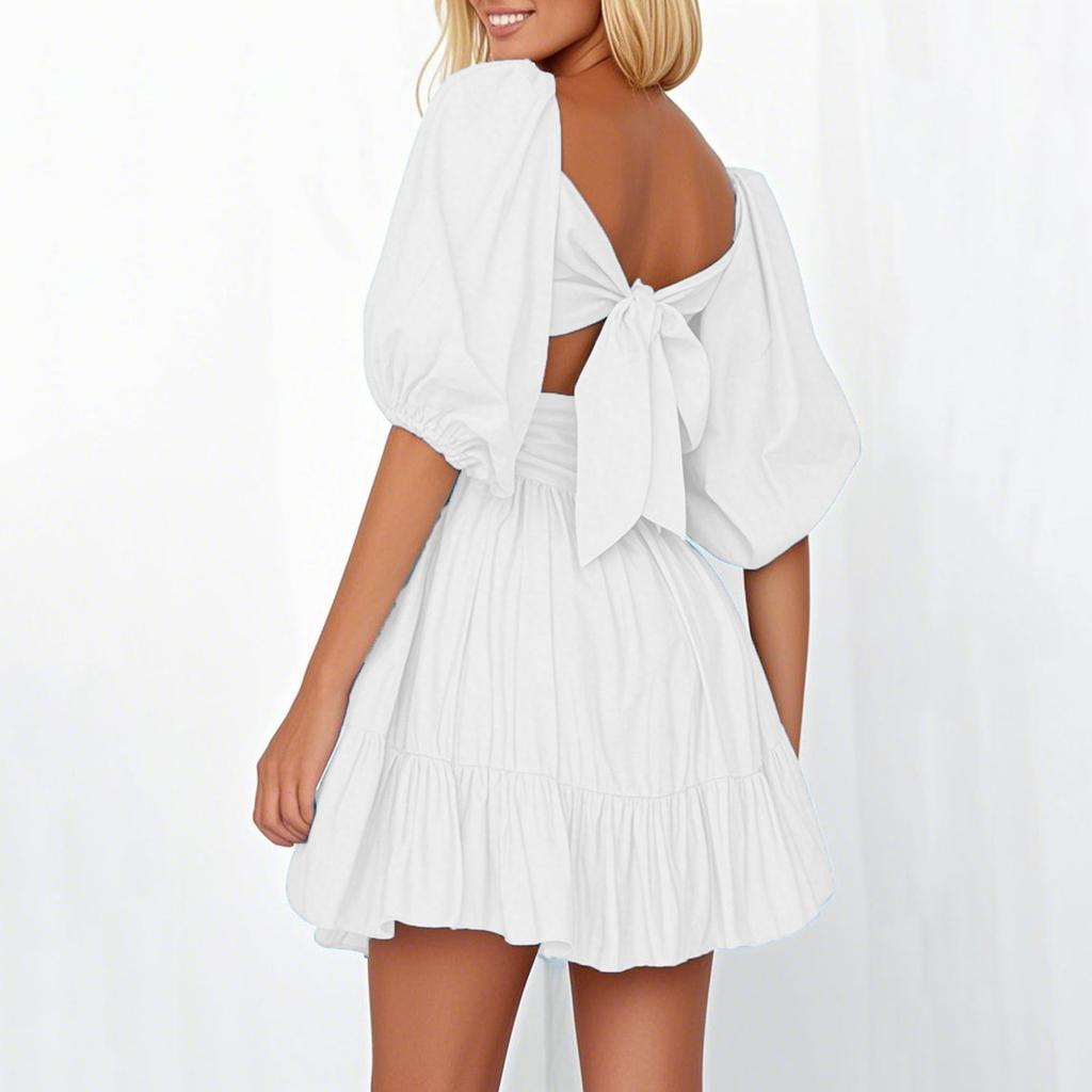 Women's Summer Square Neck Ruffle Short Sleeve Tie Solid Color Dresses