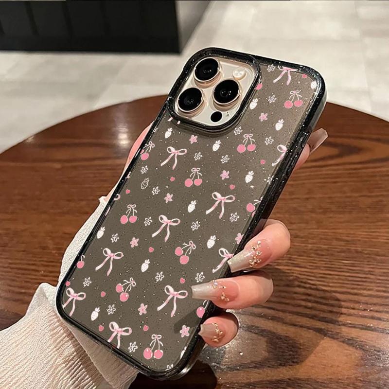 Cartoon Pink Cherry Small Bow Glitter Clear Phone Case For iPhone 17 16 15 Pro Max 14 13 12 11 7 8 Plus 16E 17E XS XR X 17 Cover