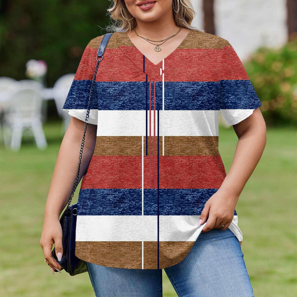 Women's Plus Size Fashionable Casual Loose-Fit Short Sleeve Elegant V Neck Blouse For Work