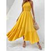 Damen Smocked Neckholder Maxikleid Ärmellos A-Linie Lässig Sommer Sonnentuchkleid