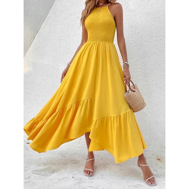 Women Smocked Halter Maxi Dress Sleeveless A Line Casual Summer Sundress S жёлтый