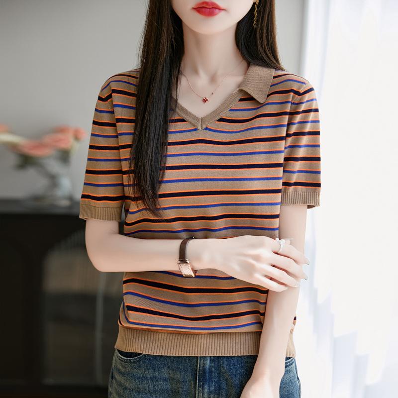 Pure Cotton Stripe V-neck Short-sleeved Women's Summer New Fashionable and Versatile Small Lapel T-shirt Atmospheric Loose and Comfortable Top