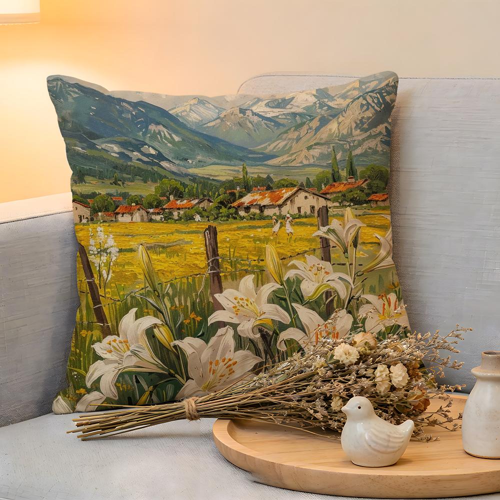 Cushion Cover  Linen  SkinFriendly Soft Decorative Case for Sofa Home Decor Landscape painting style Pillow cover