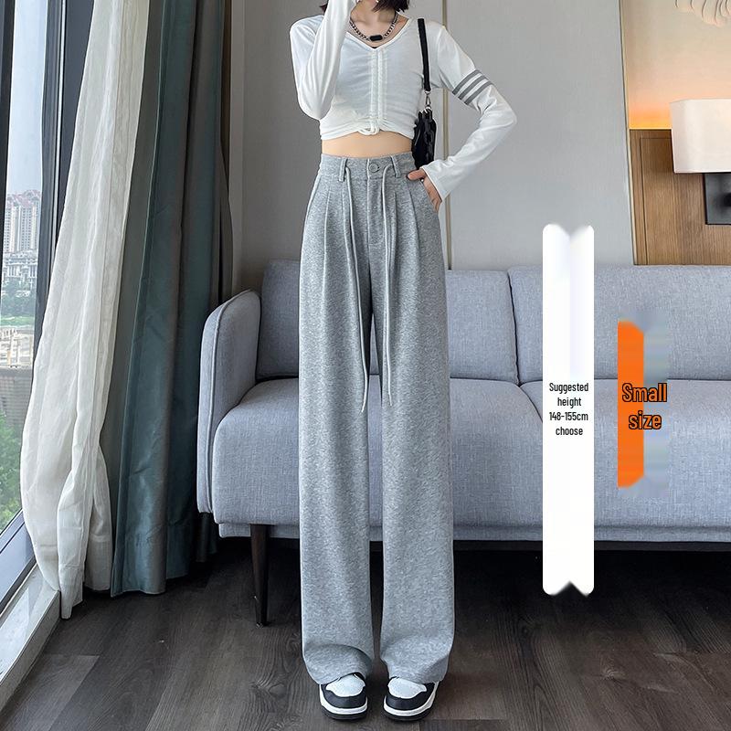 Women's Gray Wide-Leg High-Waist Sweatpants with Drawstring and Petite Fit