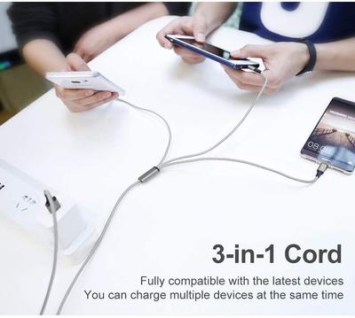 Multi USB Charging Cable 3A, 3 In 1 Fast Charger Cord Connector with Dual Phone/Type C/Micro USB Port Adapter Compatible with Tablets Phone