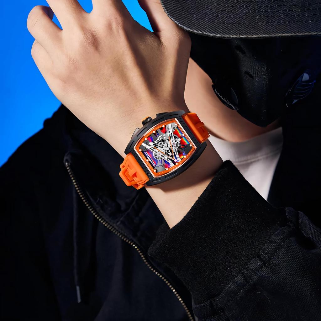 New Business Cool Wine Barrel Shaped Hollowed Dial Men's Wristwatch Silicone Strap Waterproof Luminous Quartz Male Watch