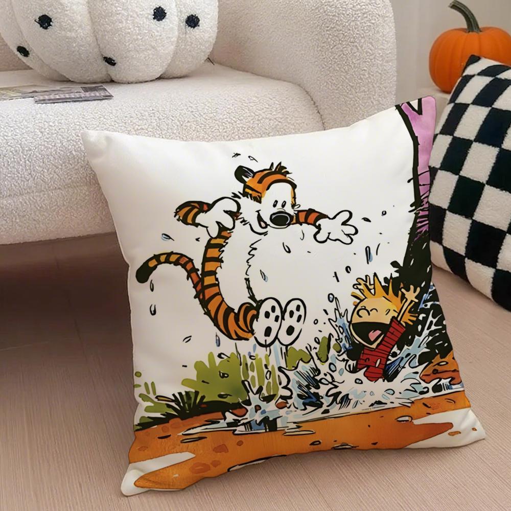 C-Calvin und H-Hobbes Kissenbezug Staubmilben-Kissenbezug Versteckter Reißverschluss seidiger kurzer Plüsch Sofakissenbezug