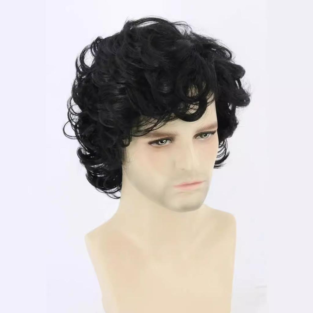 Short Brown Black Wig With Bangs Men Curly Wig Fluffy Wave Synthetic Hair for Male Cosplay Daily Heat Resistant Fibre Wig