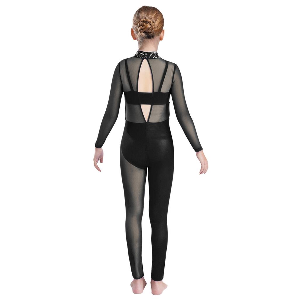Jenter Danseopptreden Jumpsuit Helkropps Leotard Langermet Mock Neck Mesh Patchwork Nøkkelhullrygg Bodysuit