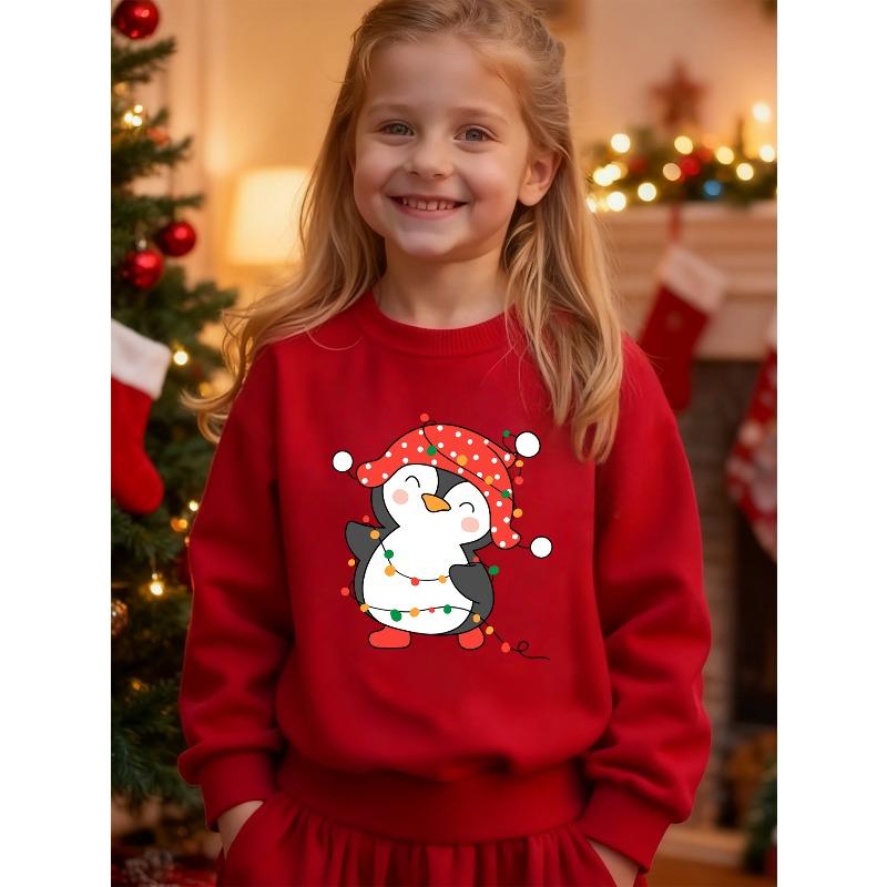 European sizes Kids' Penguin Christmas Themed Crew Neck Sweatshirt Cute Cartoon Penguin with Colorful Christmas Lights, Fashionable Personalized Print