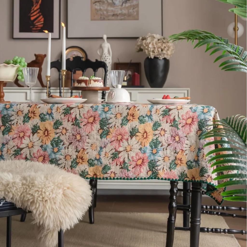 French Retro Colored Flower Table Cloth Tablecloth Rustic Washable Jacquard Rectangular Table Cover For Home Tabletop Decor