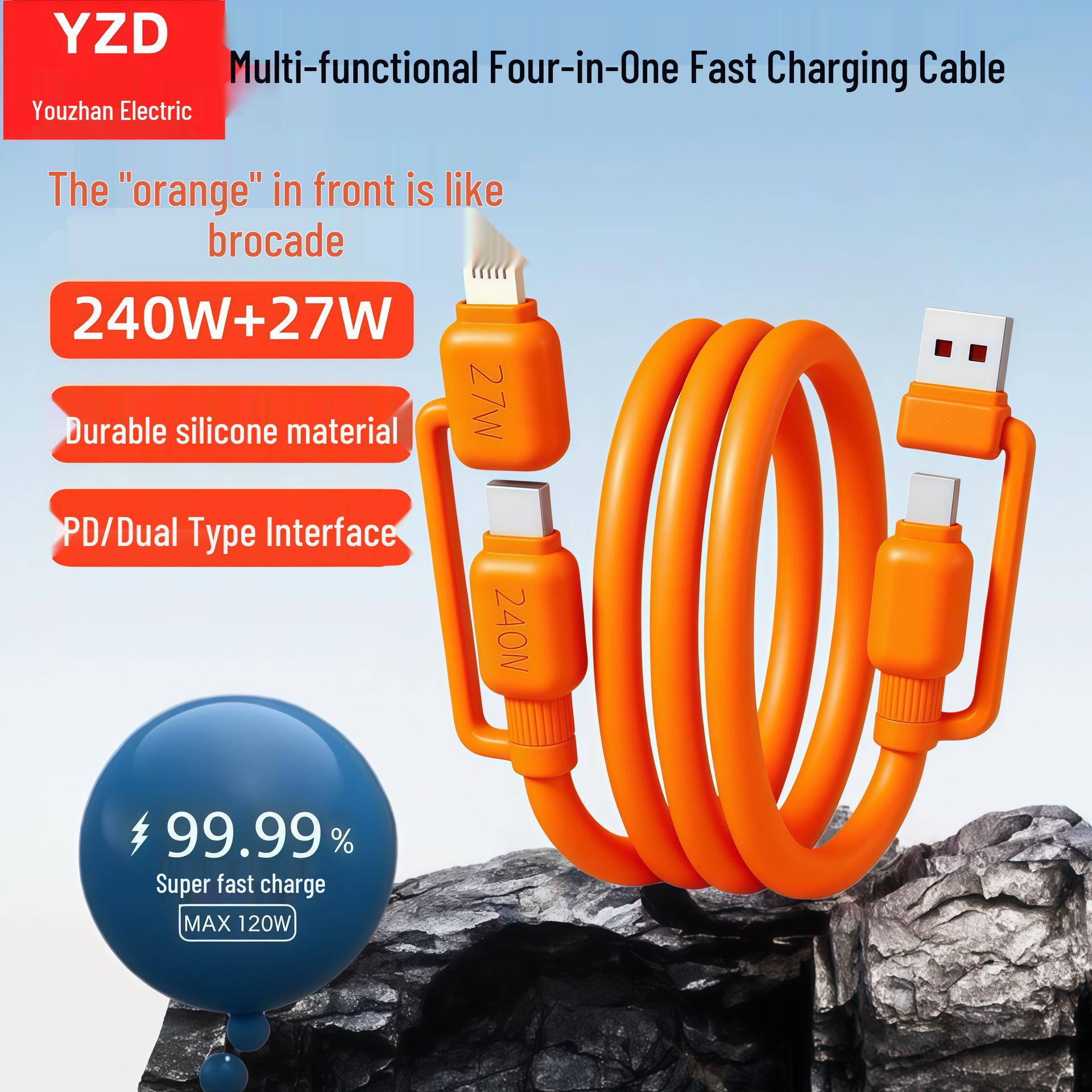 

240W/27W PD Fast Charging USB 3.0 4-in-1 Data Cable for Huawei, Apple, Samsung, and Honor Phones Orange [4-in-1]