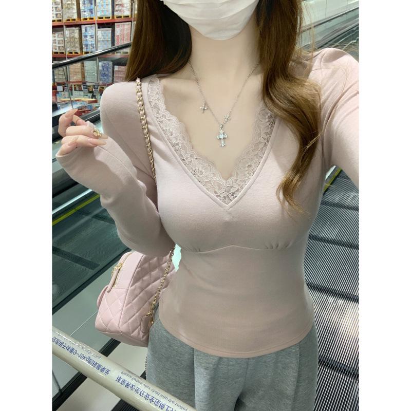 Brushed Slim-fit Women's Lace V-neck Long Sleeve Base Layer Top for Autumn/Winter