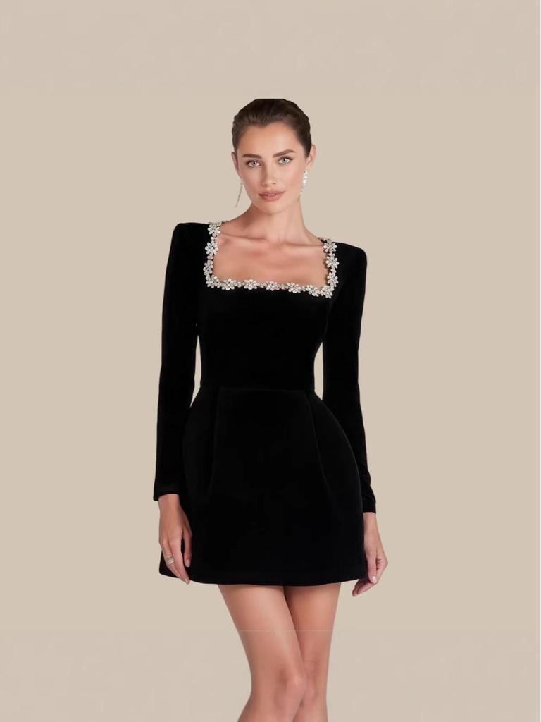 Elegant Rhinestone Square Neck Long Sleeve Bandage Dress for Women
