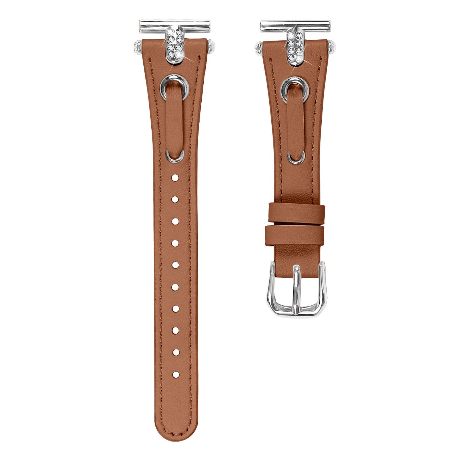 

For Misfit Vapor Genuine Cow Leather Watch Band Rhinestone Decor Watch Strap with Silver Buckle Brown