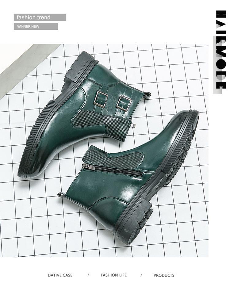 Men's High-Top Plus Size Double Buckle Leather Boots - British Style, Slip-On, Martin Design, Autumn Winter Collection