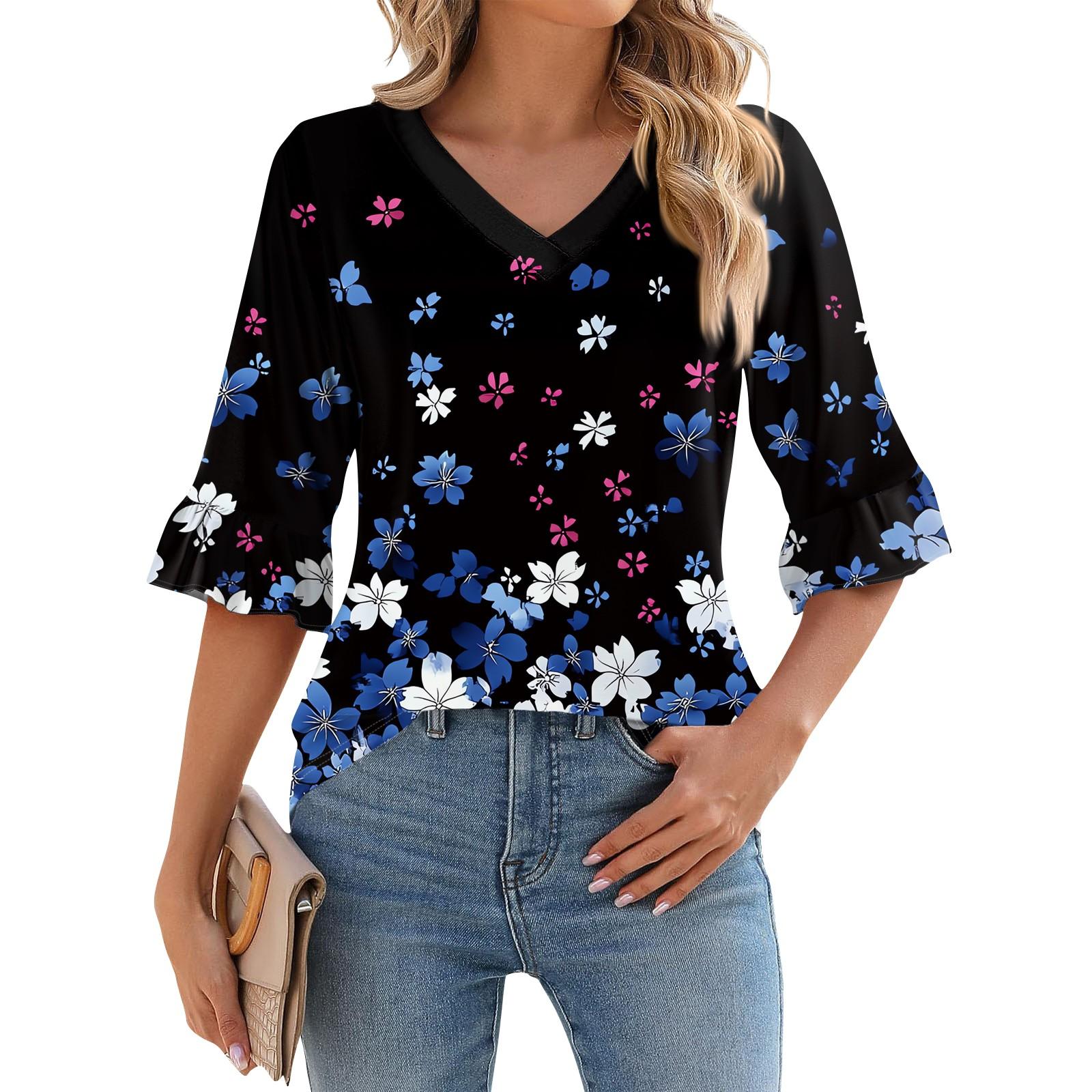 

Женская повседневная футболка с рукавом 3/4, летняя футболка с V-образным вырезом и пышными рукавами, гавайский принт XL хаки