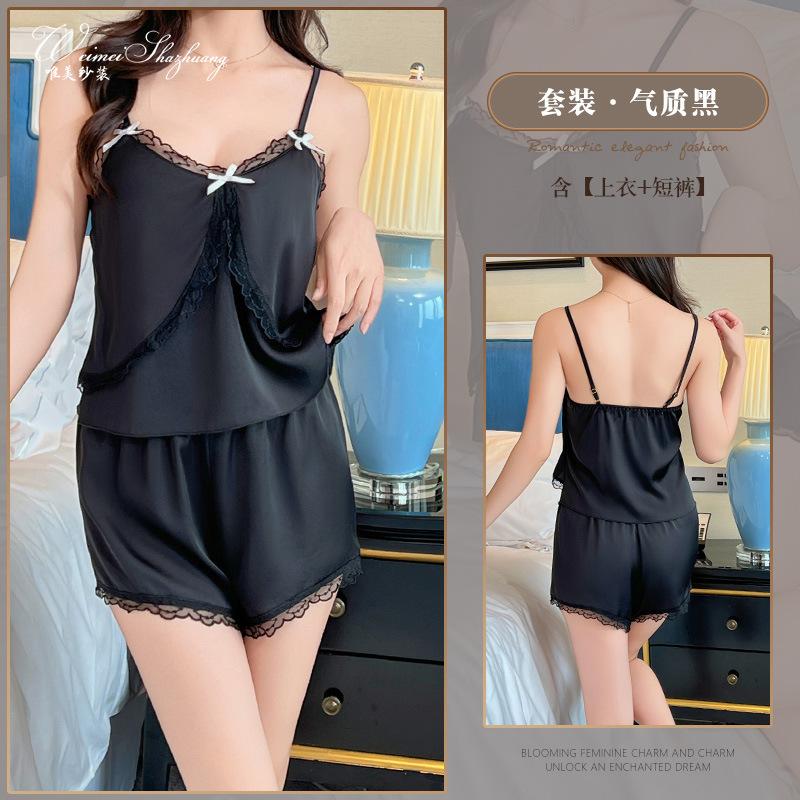 Beautiful yarn ice silk set deep V sexy lace suspender shorts two-piece set sweet suit set