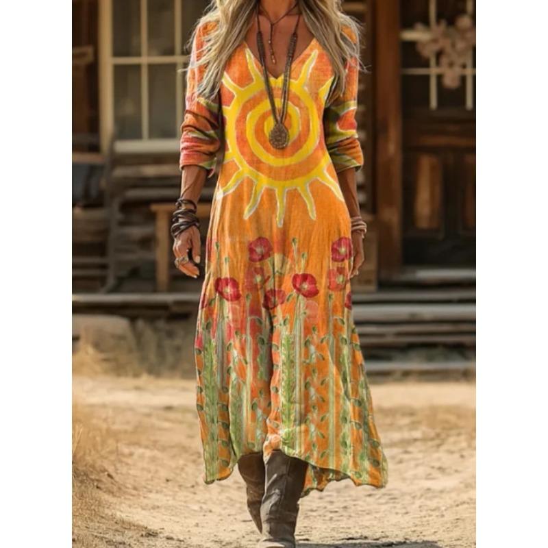 Creative Tie-dye Printing Women's New V-neck Long-sleeved Dress Medium and Long Dress