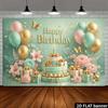 Toile de fond d'anniversaire pour gâteau à étages 2D, 1 pièce. Fond vert menthe avec les mots « Joyeux Anniversaire » en dorure à chaud