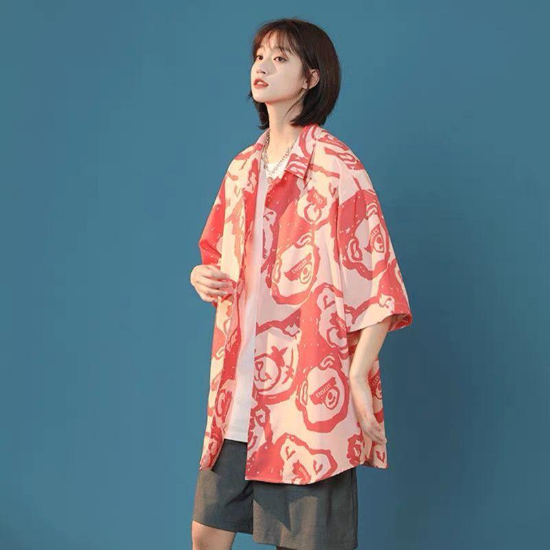 Women's Harajuku Blouse Korean Style Oversized Shirt Black Cool Chiffon Short Sleeve Button Up Tops Alt Clothes Fashion