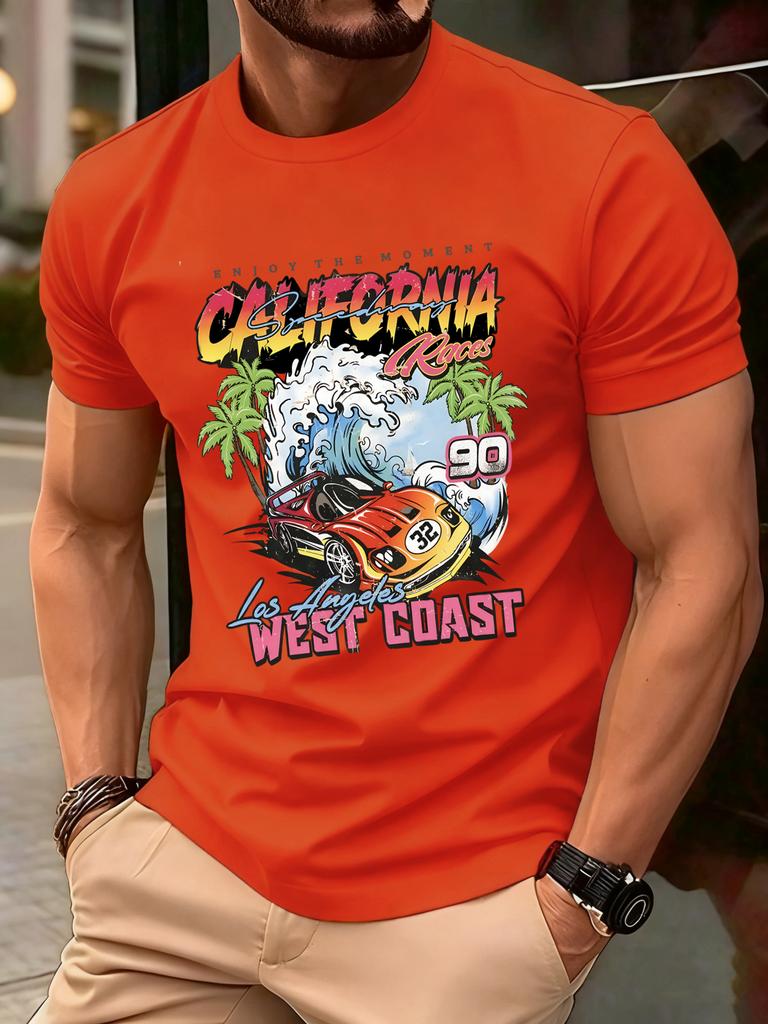 California West Coast Print Mens T Shirts Hip Hop AllMatch Tops Casual Cotton Vintage Clothes Male Loose Crewneck Streetwear