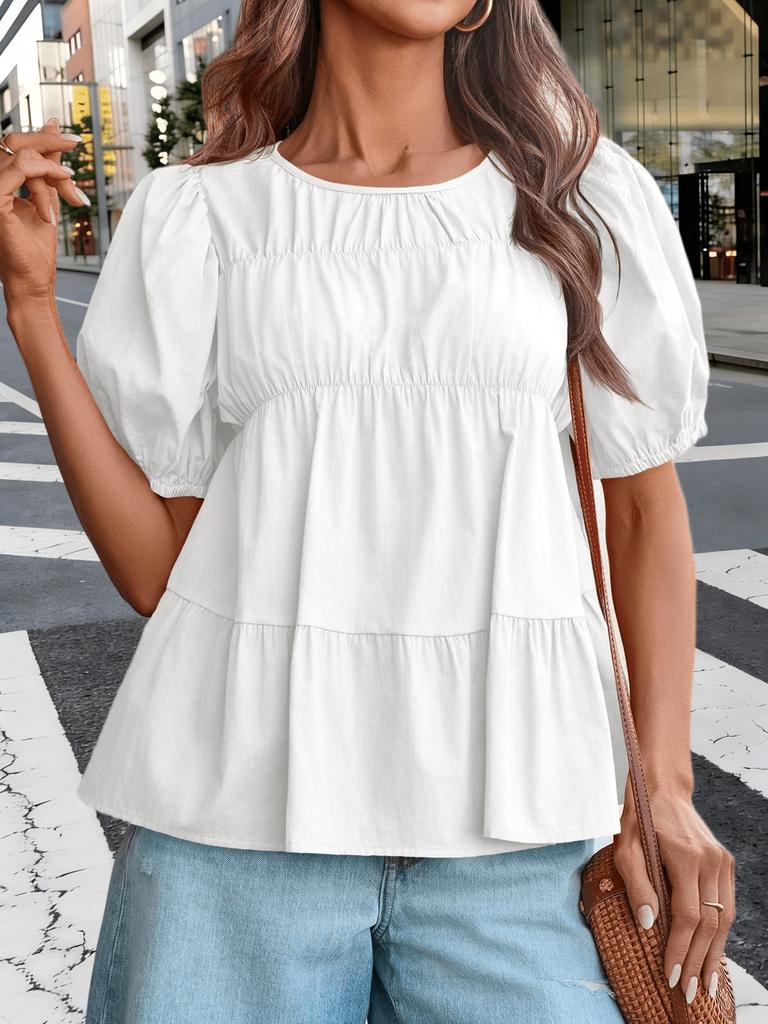 Blusa da Donna in Cotone Babydoll Manica a Sbuffo Smocked Peplo Top Svasato