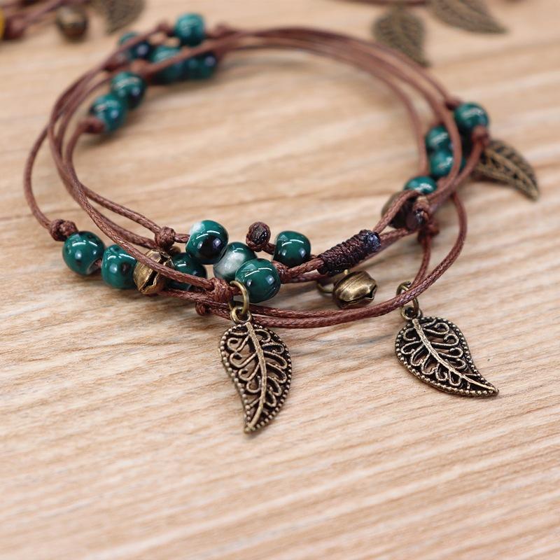 BLINGBAY Women's Bracelet Retro Bohemian Style Ceramic Bracelet Sweet Style Bell Leaf Shape Versatile Multi-Loop Bracelet Jewelry Gift