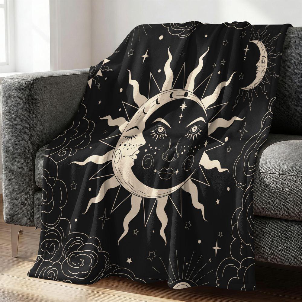 Celestial Sun Moon Throw Blanket Mystical Day Night Flannel Blanket Soft Cozy Bedding Decor Gothic Tapestry Gift Blanket 100cmx150cm