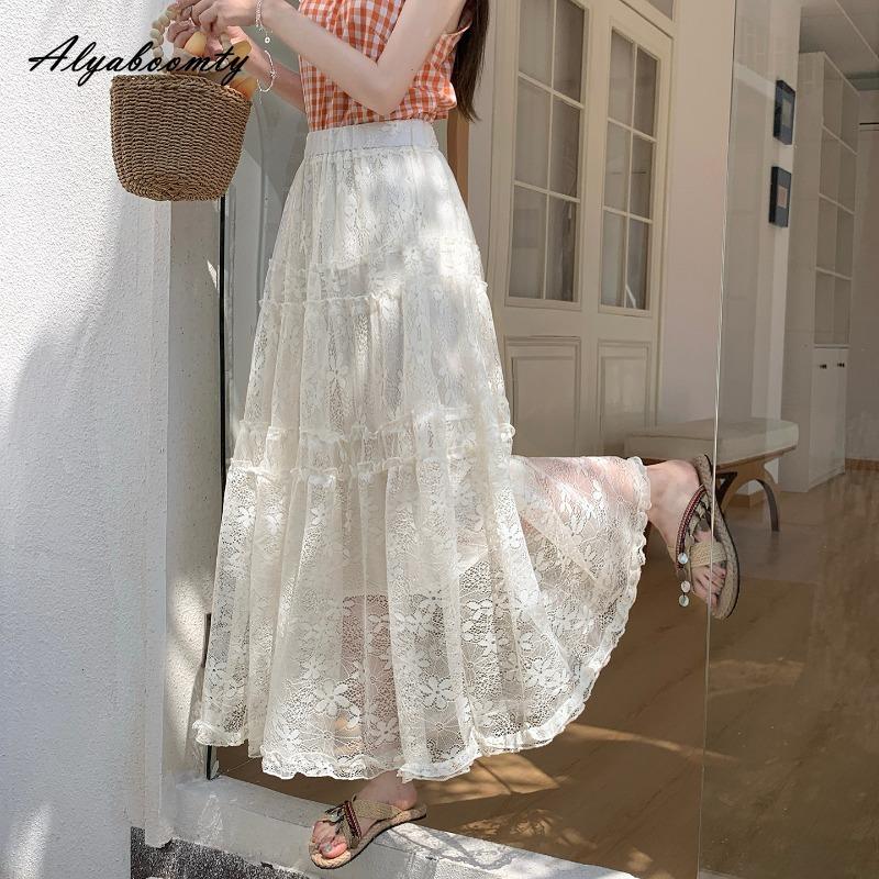 2026 Korean Fashion Spring Summer Women Midi Lace Skirt High Waist Black White Beige Floral Embroidery Skirt Elegant Feminine Tierred Skirts Womens