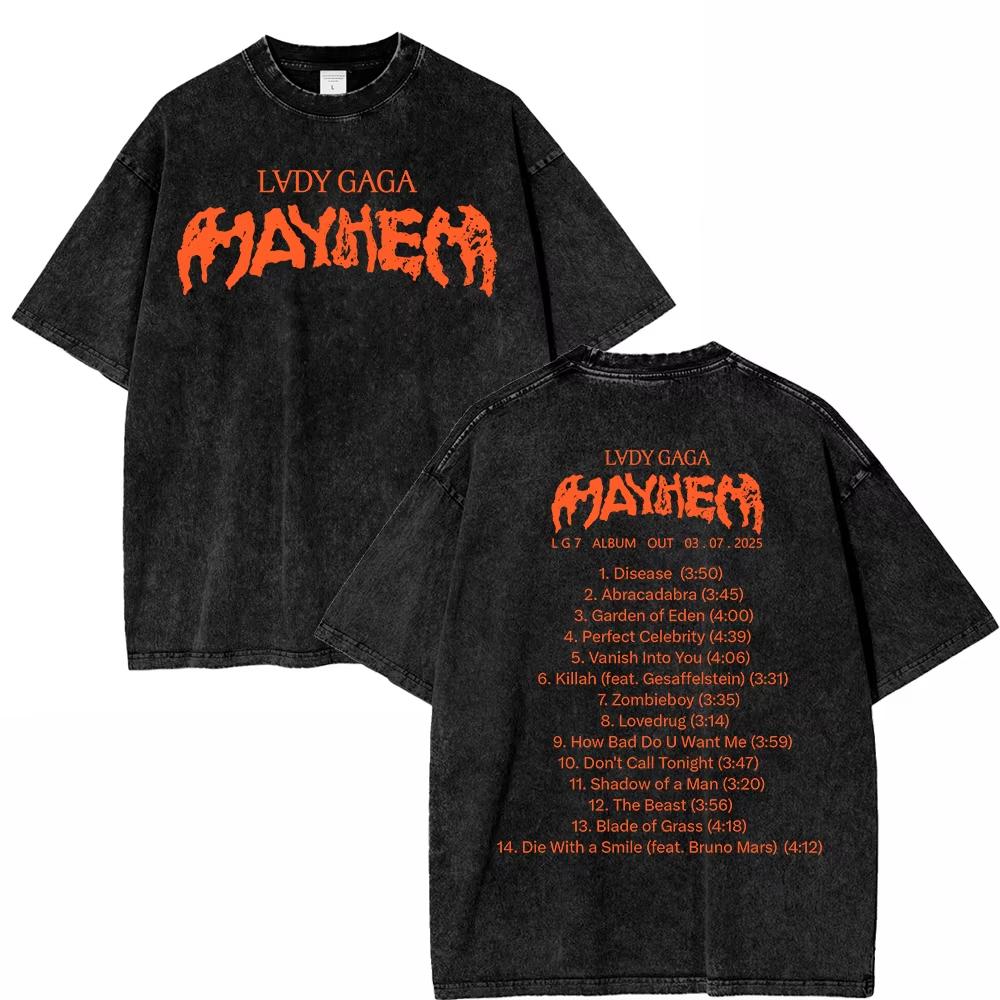 Vintage Washed Lady Gaga The Mayhem Ball Tour T Shirt Fashion Men Women Aesthetic High Quality Acid Wash Cotton
