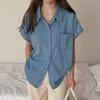 New Arrivals Open Run Women Loose Fit Collar Neck Short Sleeve Denim Shirt